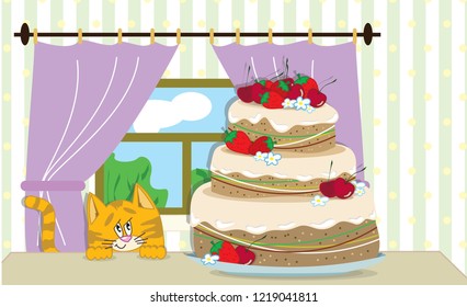 the vector image of a red cat with birthday cake against the background of a window