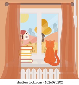 Vector image of red cat on the window