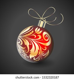 Vector image of a red Christmas ball in golden patterns on a gray background.