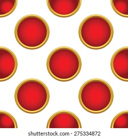 Vector image of red circle mounted in gold, repeated on white background