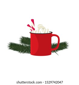 
Vector image of a red cup on a white background. A cup of cocoa with marshmallows and New Year's candies. Fresh comfort. A cup with sprigs of needles. needles in the back.