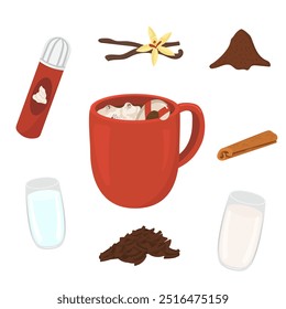 Vector image with a red cup of winter drink. Image of hot chocolate with cream and vanilla. Recipe for making a hot drink for the New Year and Christmas.