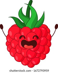 Vector image of red cute raspberries smiling and holding hands to the top, with green leaves, isolated on white background