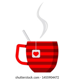 Vector image of red cute stripped tea cup with spoon and heart sign pn tag isolated on white background. Vector icon. Flat design cartoon style.