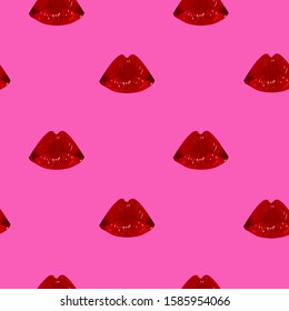 
Vector image of red female lips on a pink background. Print for textile and wrapping paper.