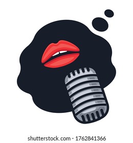 Vektorbild der roten weiblichen Lippen neben dem Mikrofon. Konzept von Künstler, Blogger, Sänger, Radio-Host, Podcast.
