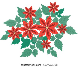 Vector image of red flowers with leaves for design. The isolated background