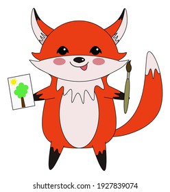 Vector image of a red fox in cartoon style. In its paws, the fox holds a brush and a drawing. Fox is an artist.