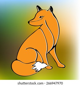 Vector image of a red fox in sitting pose on colorful autumn blurred background
