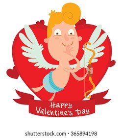 Vector image of a red frame in the form of a heart symbol with a red banner with a cartoon image of cute little cupid smiling on a white background. Valentine's Day. Vector illustration. Card.