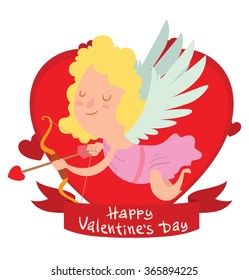 Vector image of a red frame in the form of a heart symbol with a red banner with a cartoon image of cute little cupid girl flying on a white background. Valentine's Day. Vector illustration. Card.