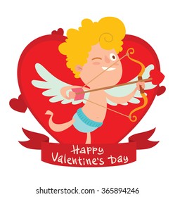 Vector image of a red frame in the form of a heart symbol with a red banner with a cartoon image of cute little cupid flying to the right on a white background. Valentine's Day. Vector illustration. 