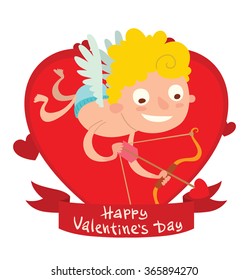 Vector image of a red frame in the form of a heart symbol with a red banner with a cartoon image of cute little cupid flying down on a white background. Valentine's Day. Vector illustration. Card.