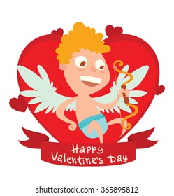 Vector image of a red frame in the form of a heart symbol with a red banner with a cartoon image of cute little cupid rejoicing on a white background. Valentine's Day. Vector illustration. Card.