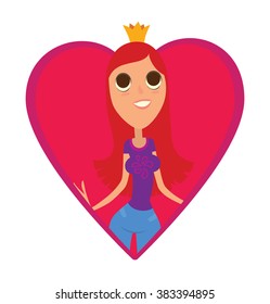 Vector image of a red frame in the form of a heart symbol with a cartoon image of modern princess with long scarlet hair in a blue jeans, purple t-shirt and gold crown on white background.