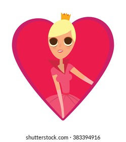 Vector image of a red frame in the form of a heart symbol with a cartoon image of modern princess with blonde hair in a pink dress and gold crown on her head on white background.