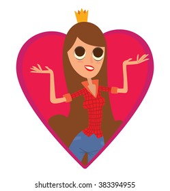 Vector image of a red frame in the form of a heart symbol with a cartoon image of modern princess with long brown hair in blue jeans, red shirt and gold crown on a white background. 