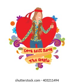 Vector image of red frame in the shape of heart with flowers. Frame with cartoon image of a woman hippie with long brown hair. Woman hippie in colorful clothes. Inscription "Love will save the world".