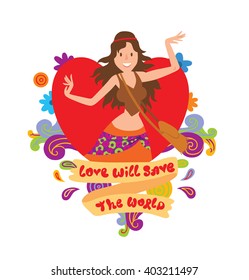 Vector image of red frame in the shape of heart with flowers. Frame with cartoon image of a woman hippie with long dark hair. Woman hippie in colorful clothes. Inscription "Love will save the world".
