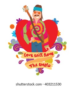 Vector image of red frame in the shape of heart with flowers. Frame with cartoon image of man hippie with brown hair, mustache. Man hippie in colorful clothes. Inscription "Love will save the world".