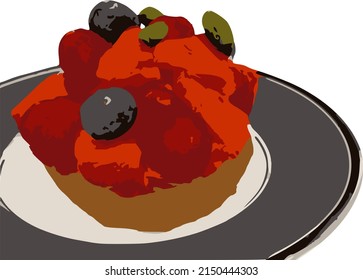 Vector Image Of A Red Fruit Tartlet Dessert In A Small Gray Round Plate. Side View, Transparent Background