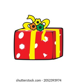 vector image of a red gift box decorated with a yellow ribbon and decorated with bells, circles. images and colors can be re-edited. suitable for illustration gifts on special days of loved ones, 