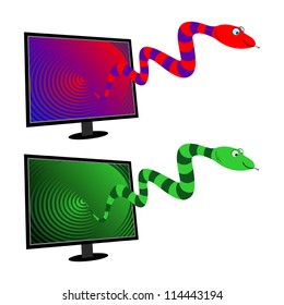 Vector image of red and green snake with monitor