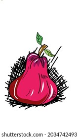 Vector image of a red guava painting with green leaves. This painting is the result of finger scratches using an application to paint. This painting is a vector that can be re-edited.