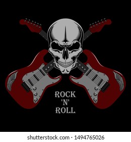Vector image of a red guitars with a skull. Image on a black background.