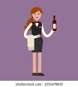 Vector image of red hair waitress with a bottle of wine. Flat design character.
