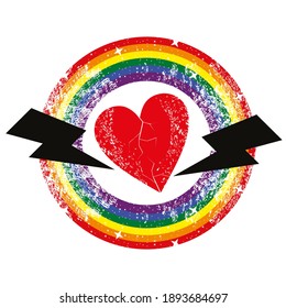 Vector image of a red heart surrounded by a circular rainbow and two black lightning symbols. Ideal design to celebrate Valentine's Day