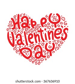 Vector image of a red heart symbol made of spiral curves, dots and the inscription "Happy Valentine's Day" on a white background. Valentine's Day. Holiday card. Vector illustration. 