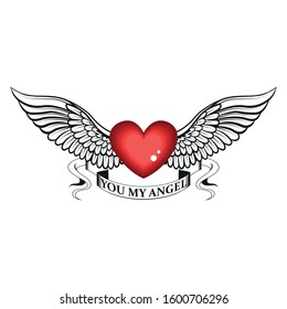 Vector image of a red heart with white wings and ribbon.