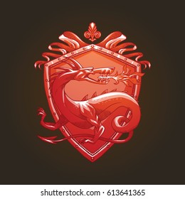 Vector image of a red heraldic shield with ribbons and with a red heraldic dragon looking behind his back in the center on a dark background. Coat of arms, heraldry, emblem, symbol.