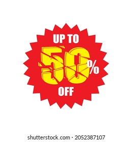 vector image of a red jagged circle with the words up to 50 off, can be used for flash sale banner elements, promos, big promos, discount sales etc. can be installed for social media posts,marketplace