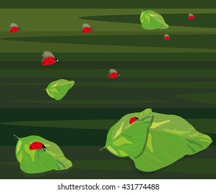 Vector image of red ladybirds flying in the sky in the clouds, small and large ladybugs