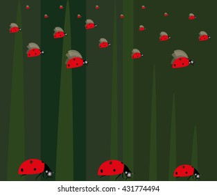 Vector image of red ladybirds flying in the sky in the clouds, small and large ladybugs
