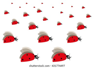 Vector image of red ladybirds flying in the sky in the clouds, small and large ladybugs