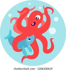 vector image of a red octopus with blue fish underwater