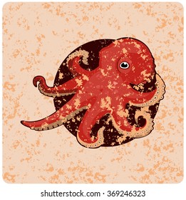vector image of a red octopus in vintage style