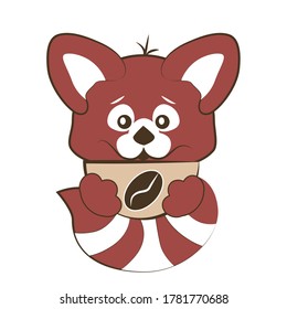 Vector image of a red panda, a red animal with a cup of coffee, a coffee grain on a cup and a small animal, blank for a design logo, pattern