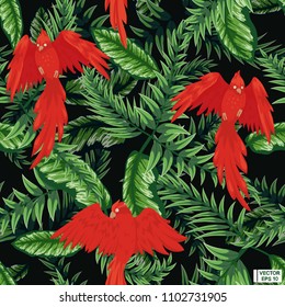 Vector image. Red parrots on the background of green tropical leaves. Black and green seamless pattern with birds.