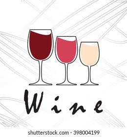 Vector image with red and pink wine glasses on white background with sign. Wine menu