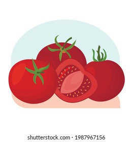 Vektorbild roter reifer Tomaten. Juckes Gemüse und eine halbe Tomate. Vegetarisches Essen.