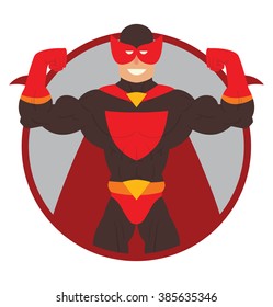 Vector image of a red round frame with cartoon image of a muscular man superhero in red mask, black suit, red boots and gloves and red cloak smiling on a white background. Vector illustration.