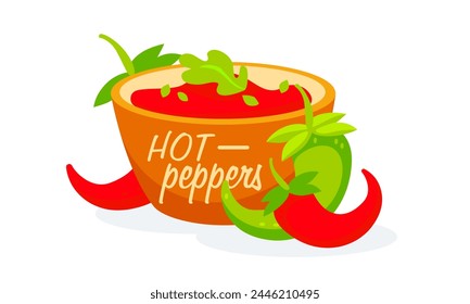 Vector image of red sauce and hot red and green peppers, lettering Hot peppers in cartoon style.