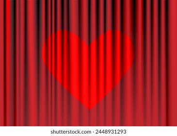 Vector image of the red stage curtain with the red heart. Red background to the saint Valentine day.