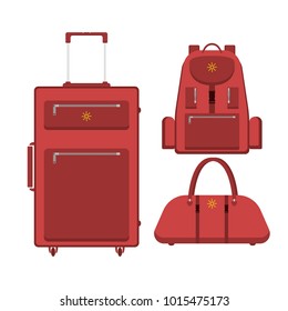 Vector image of a red suitcase, bag and hiking backpack. Flat