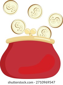 Vektorbild mit rotem Geldbeutel und gelben Metallmünzen mit einem Dollarzeichen einzeln auf weißem Hintergrund