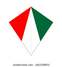 Vector image of red, white and green kite toy for sport and game, with white backgrounds.